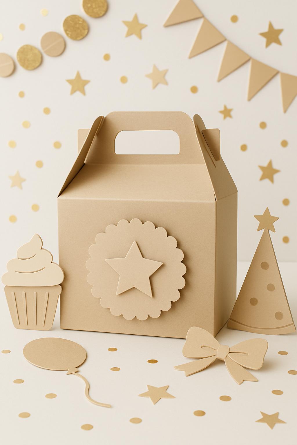 BEIGE TREAT BOX WITH PARTY DECORATIONS AND ELEMENTS IN THE BACKGROUND