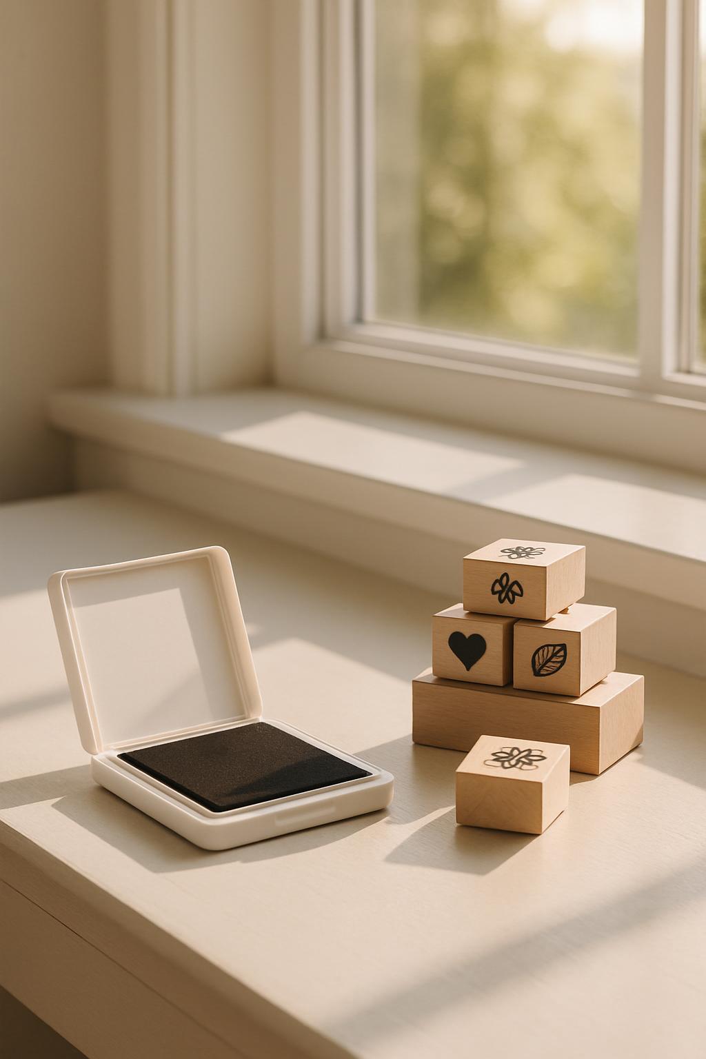 In a bright, well-lit room, an open white ink pad sits next to a stack of five wooden blocks featuring various stamps. The...