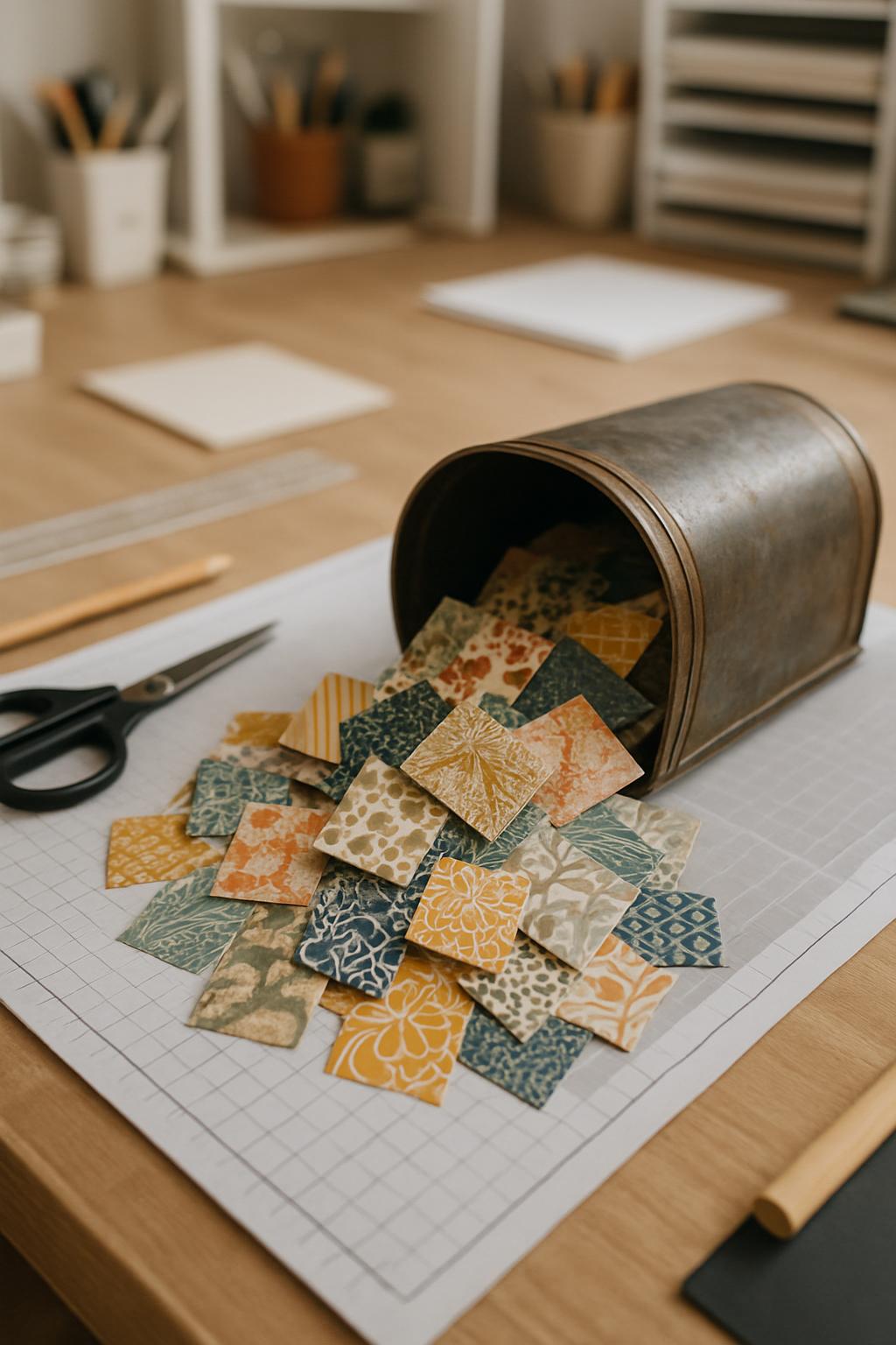 A collection of small, square pieces of paper in various patterns and colors is spilling out of a metal container onto a p...