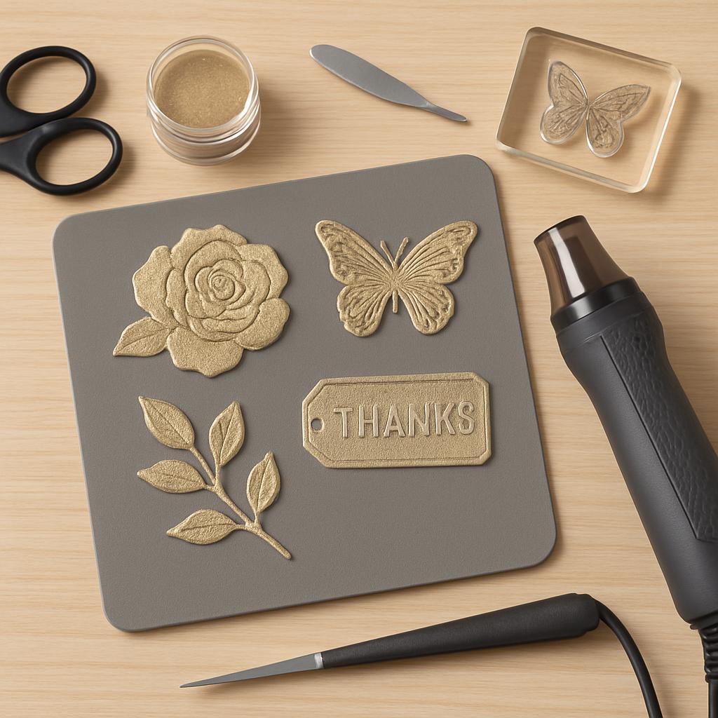 A collection of craft materials on a wooden table, including a gray mat with embossed gold designs, scissors, a container ...