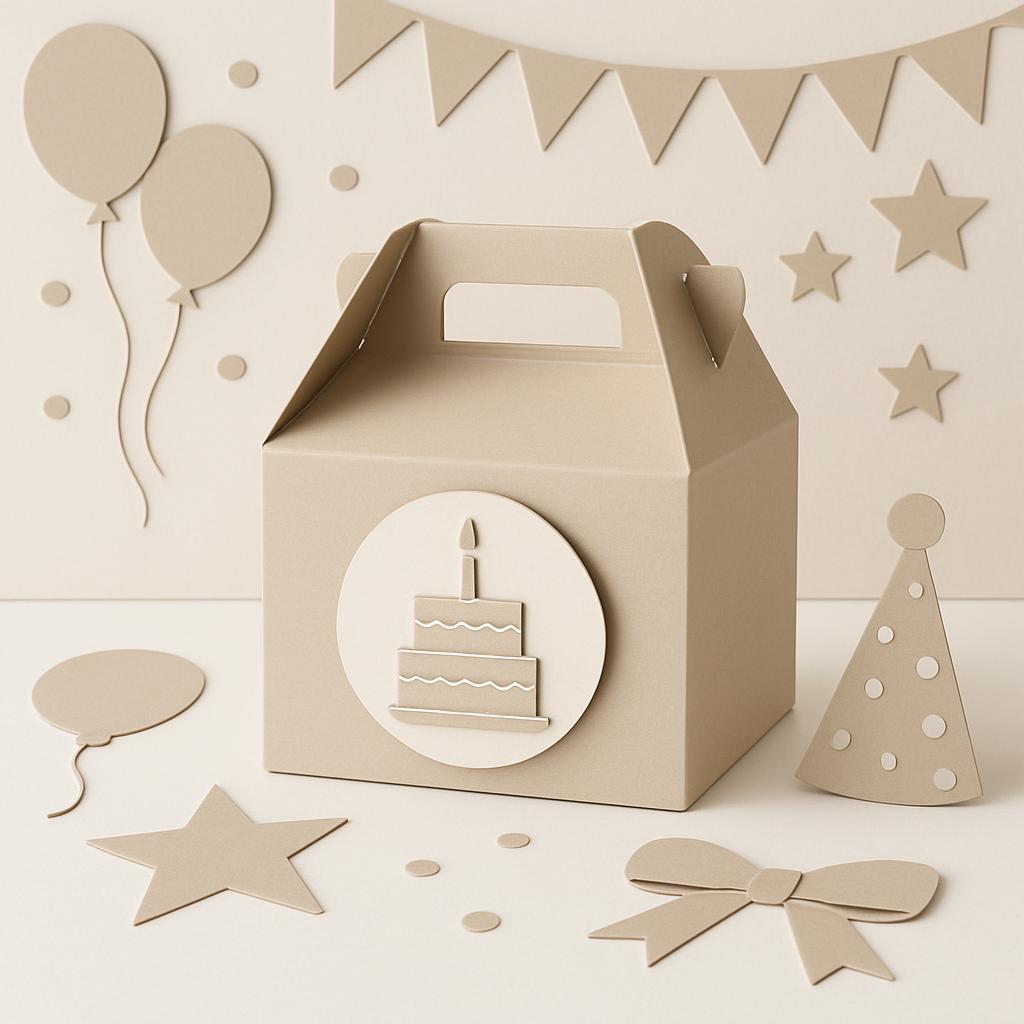 A paper party box with a white and brown cake applique, surrounded by fun party accents. Image also includes balloons, con...