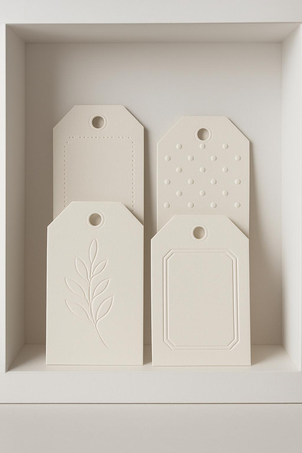 Four cream-colored gift tags in a white box.